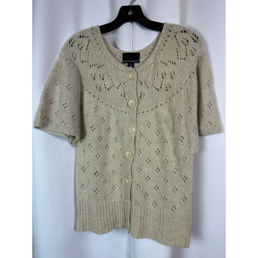Cynthia Rowley Beige Pointelle Knit Angora Blend Button Front Cardigan Medium